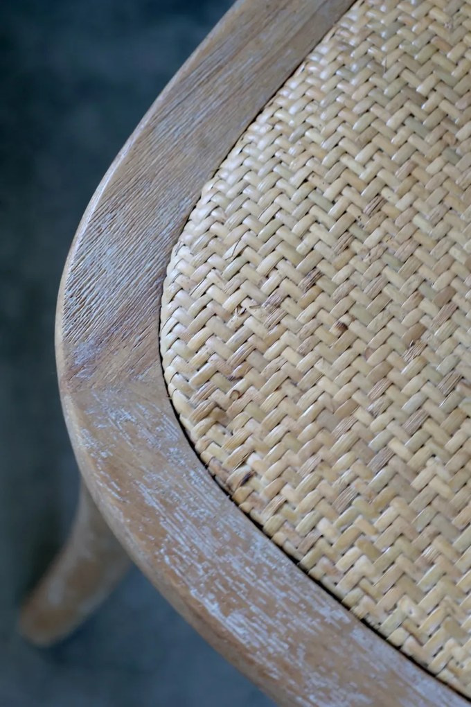 Scaun dining bej din lemn de cauciuc, rattan si rachita, cu aspect vintage, French
