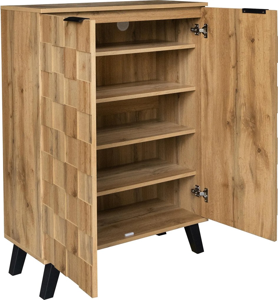 Dulap modern pentru pantofi cu 5 compartimente, model geometric cu aspect de lemn, pentru hol și zona de intrare, 80,5x35x109,5 cm, Culoare naturală