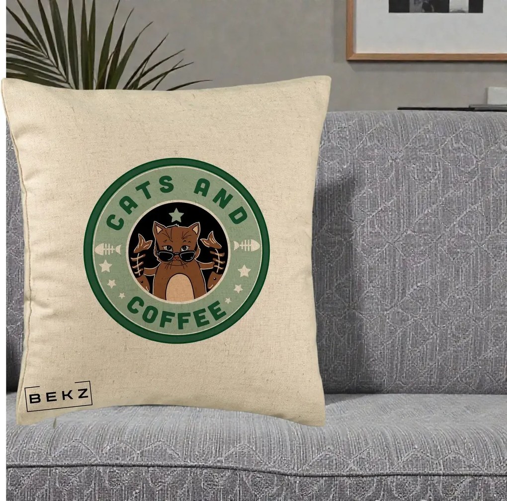 Perna Personalizata Cats and Coffee Starbucks, 40x40 cm, Bej, Husa Detasabila, Perna Inclusa, BEKZ®