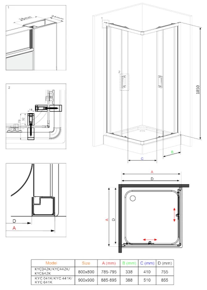 Cabina dus patrata 80x80 cm sticla brumata cu usi glisante Deante Funkia 800x800 mm