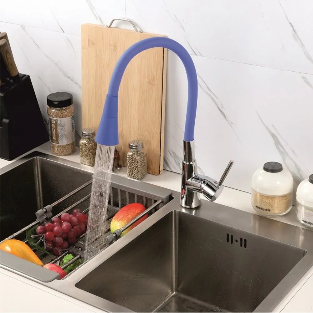 Baterie bucatarie cu pipa flexibila Inter Ceramic Havana finisaj crom lucios-albastru mat cu 2 functii