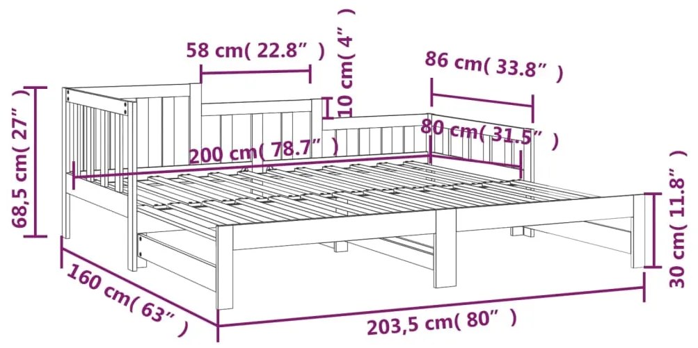 Pat de zi extensibil negru 2x(80x200) cm lemn masiv de pin Negru, 80 x 200 cm