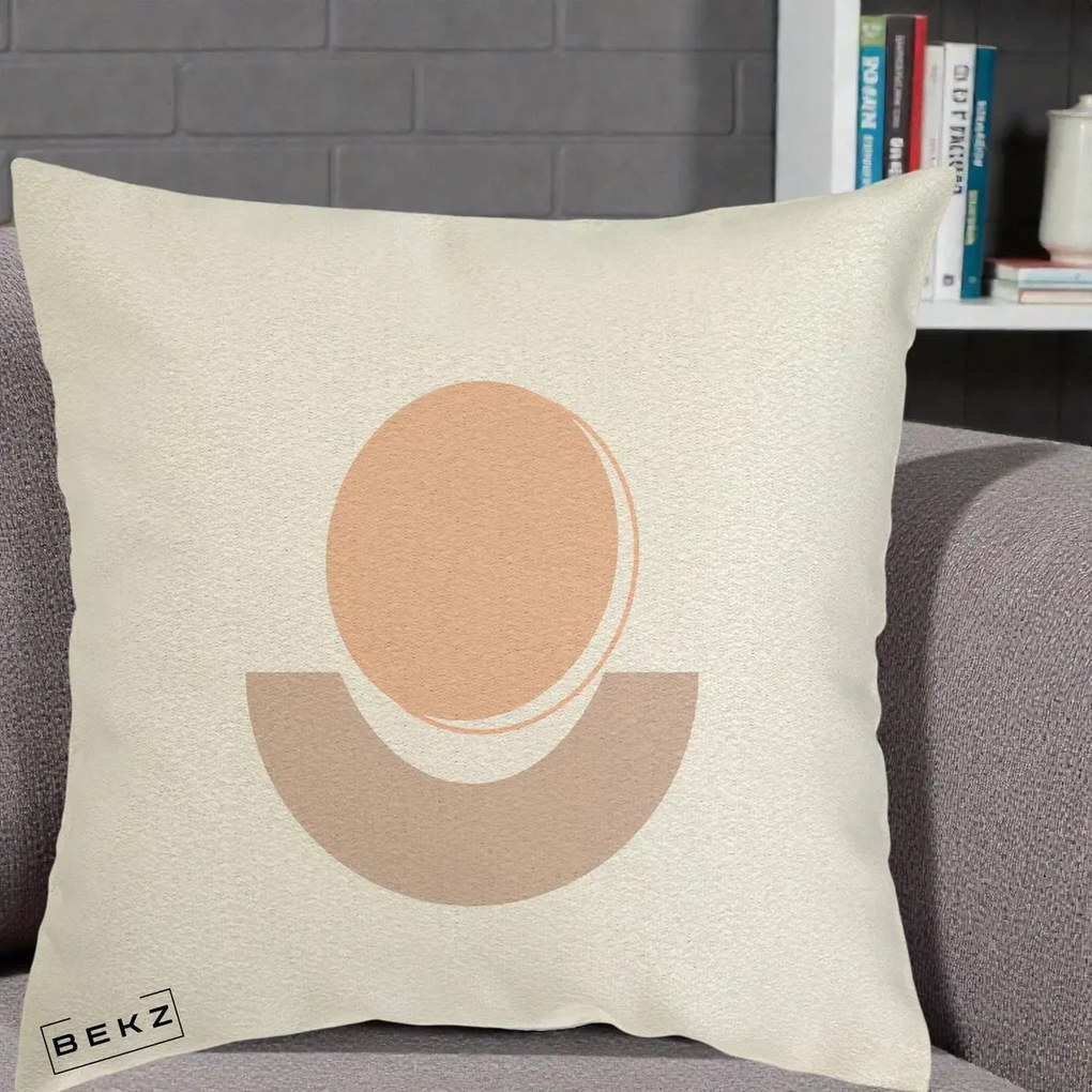 Perna Decorativa Geometric Boho Luna si Disc, 40x40 cm, Ecru, Husa Detasabila, Perna Inclusa, BEKZ®