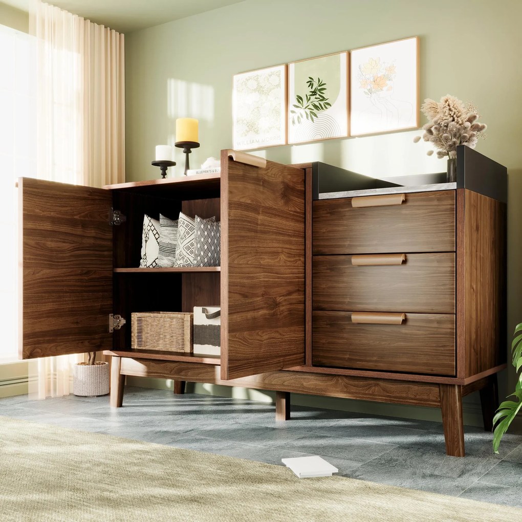 Comodă pentru living cu 3 sertare și dulap cu două uși, 120x40x77 cm, Culoare naturală