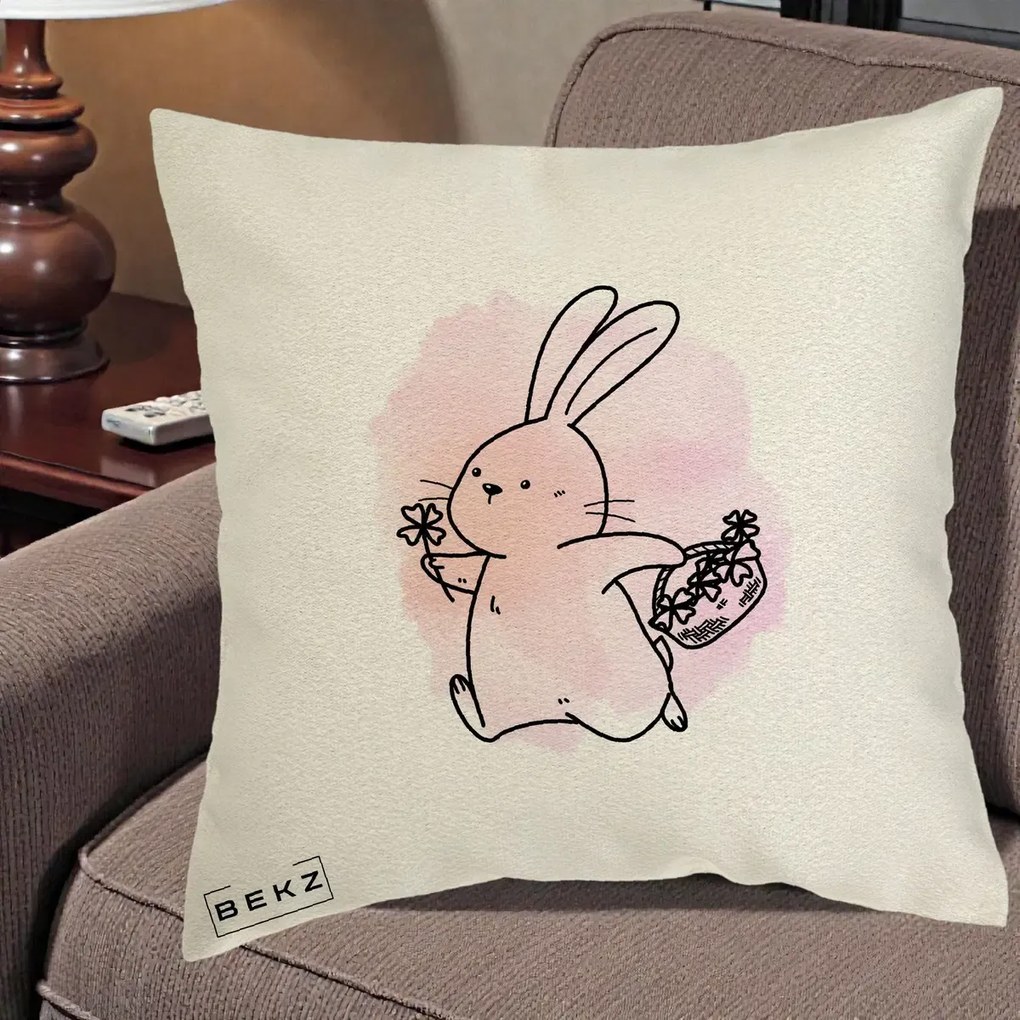 Perna Decorativa Iepuras Kawaii cu Cosulet Floral, 40x40 cm, Ecru, Husa Detasabila, Perna Inclusa, BEKZ®
