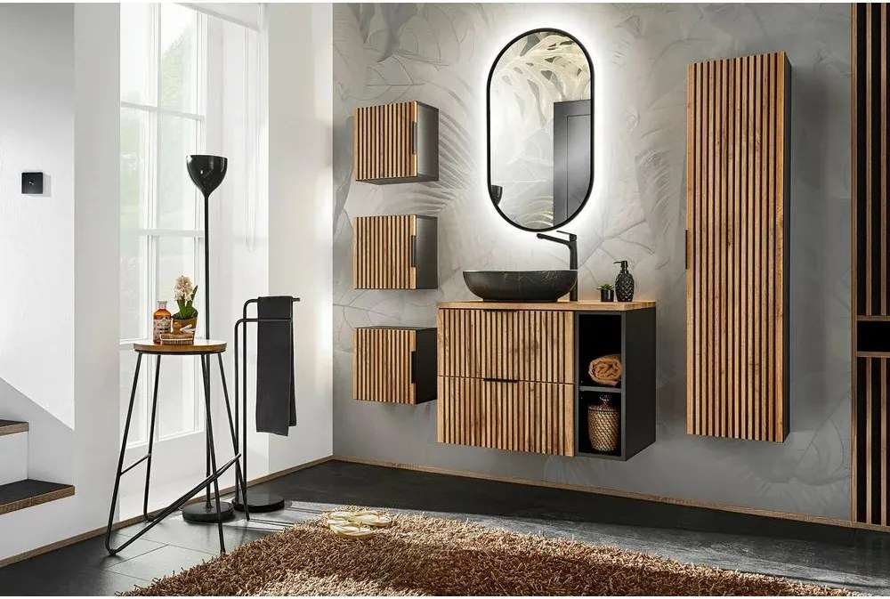 Set mobilier baie 80 cm 9 piese Comad Xilo stejar Wotan si gri piatra