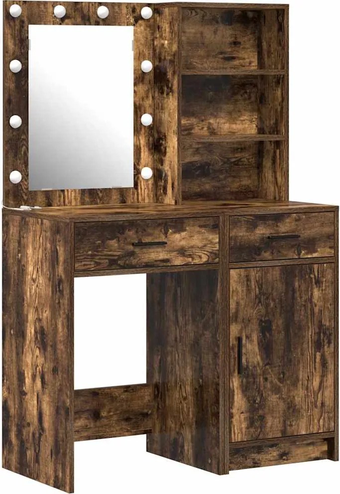 vidaXL Set masă de toaletă cu LED 2 pcs Stejar fumuriu Lemn compozit