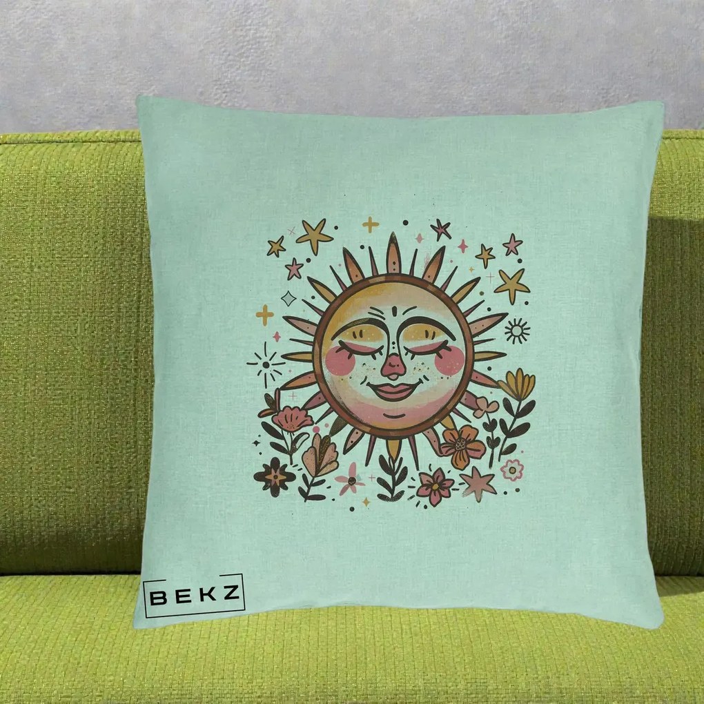 Perna Decorativa Soare Retro Boho Floral, 40x40 cm, Verde Menta, Husa Detasabila, Perna Inclusa, BEKZ®