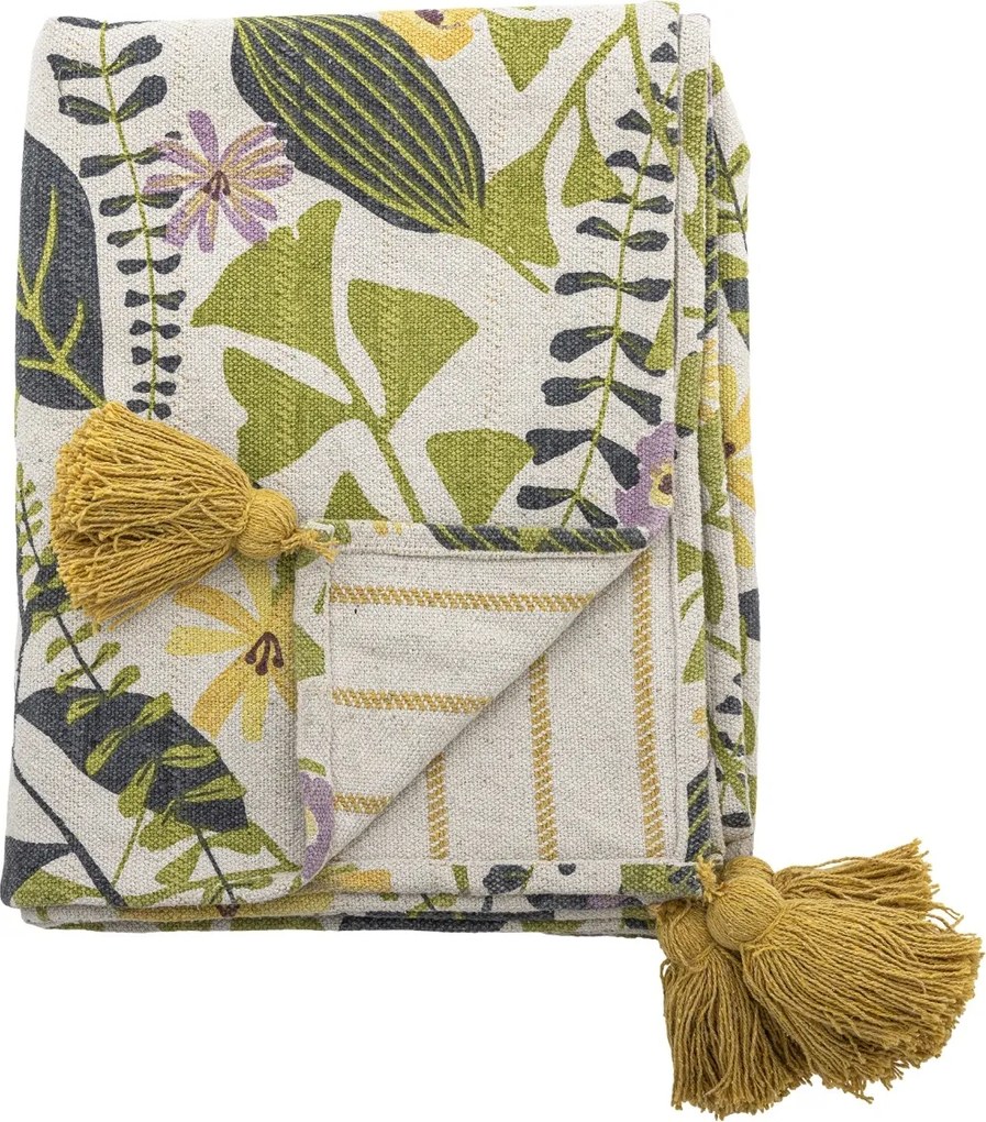 Pătură rustică din bumbac reciclat, natur, cu model botanic imprimat, cu ciucuri galbeni, „Camelie", 160 x 130 cm