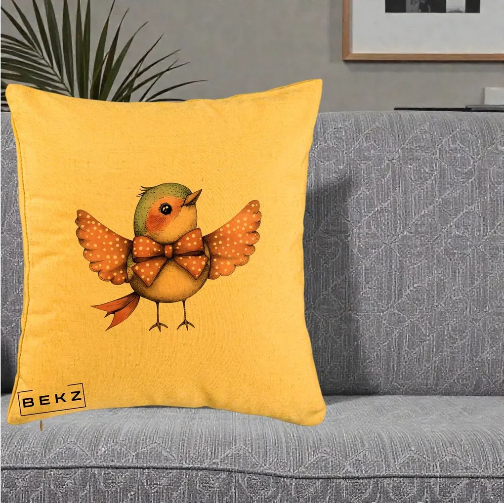 Perna Decorativa Pasare Roz cu Aripi si Fundita, 40x40 cm, Galben, Husa Detasabila, Perna Inclusa, BEKZ®
