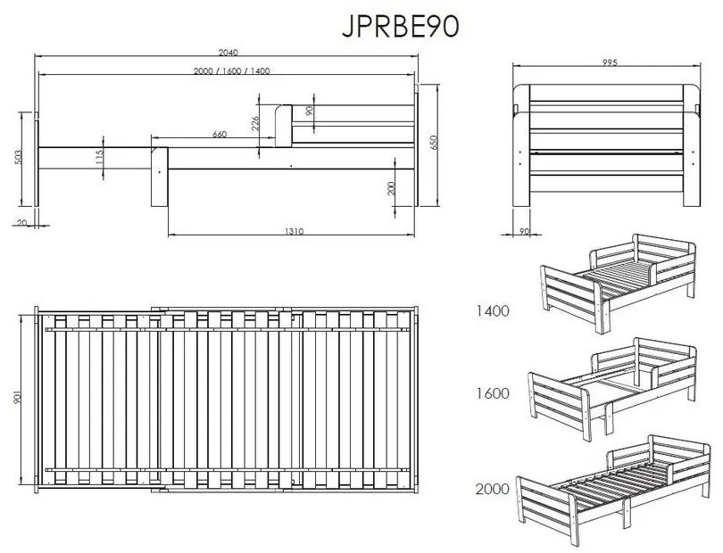 Pat pentru copii alb reglabil din lemn de pin cu spațiu de depozitare cu saltea/cu somieră Jumper – Vipack