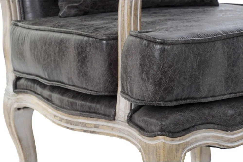 Fotoliu clasic maro din piele ecologică cu aspect vintage, cadru din lemn de cauciuc, stil Louis XV, 70 x 66 x 94 cm, „Lavigne”