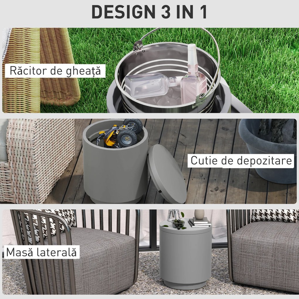 HOMCOM Măsuță Multifuncțională cu Găleată de Gheață 10L și Capac Gri Deschis | Aosom Romania