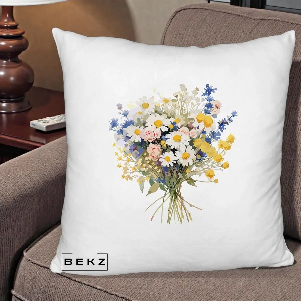 Perna Decorativa Buchet Camp Acuarela Margarete-Lavanda, 40x40 cm, Alb Pufos, Husa Detasabila, Perna Inclusa, BEKZ®