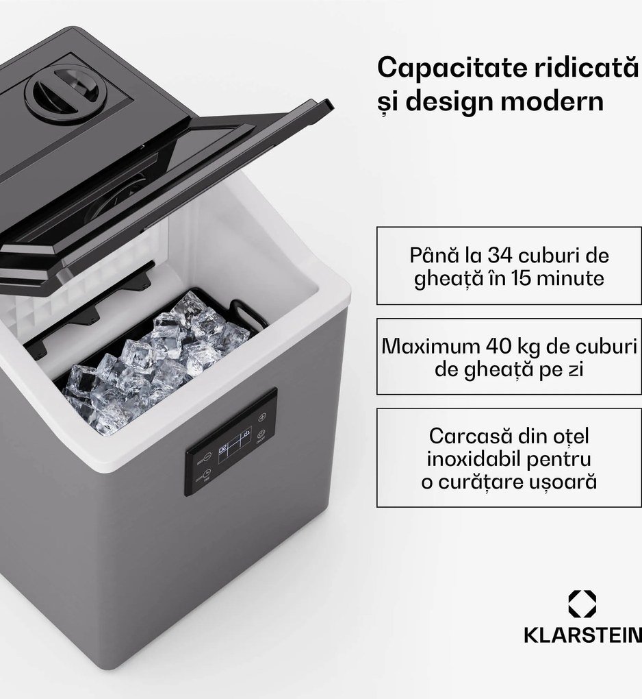 Klarstein FrostMaster, producător de gheață, 40 kg cuburi de gheață pe zi, carcasă din oțel inoxidabil, afișaj cu LED, inclusiv cupă de gheață