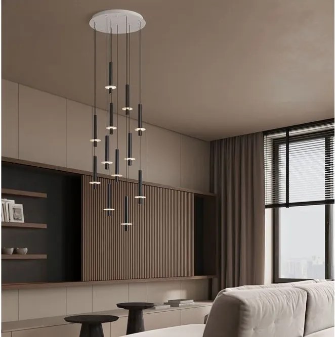Lustra cu 12 Pendule tub subtire aluminiu negru si alabastru LED NOEMI