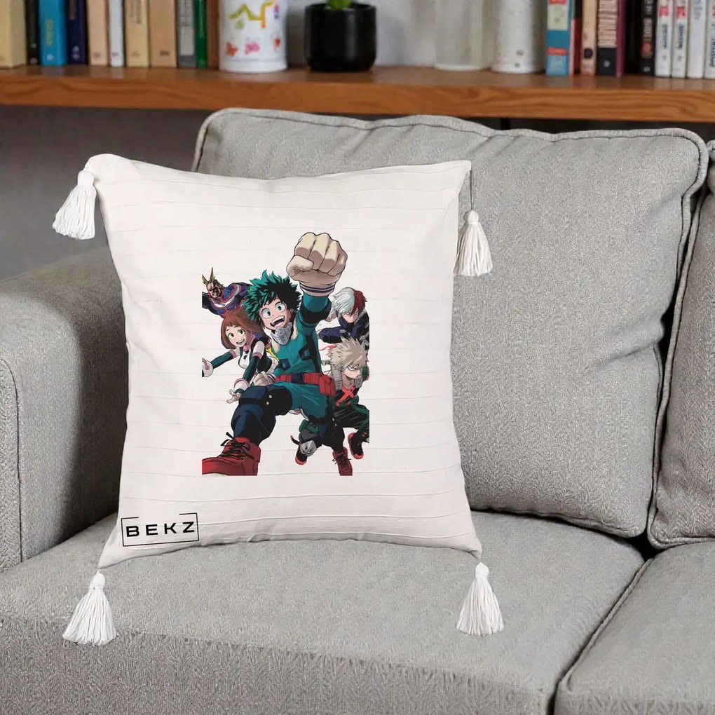 Perna Personalizata My Hero Academia Izuku Deku si Echipa, 40x40 cm, Bej cu Franjuri, Husa Detasabila, Perna Inclusa, BEKZ®