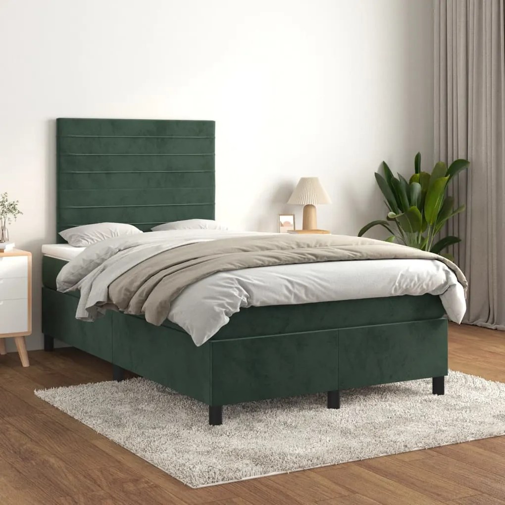 Pat box spring cu saltea, verde inchis, 120x200 cm, catifea Verde inchis, 120 x 200 cm, Benzi orizontale