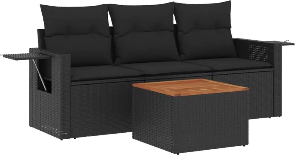 vidaXL Set mobilier de grădină cu perne, 4 piese, negru, poliratan