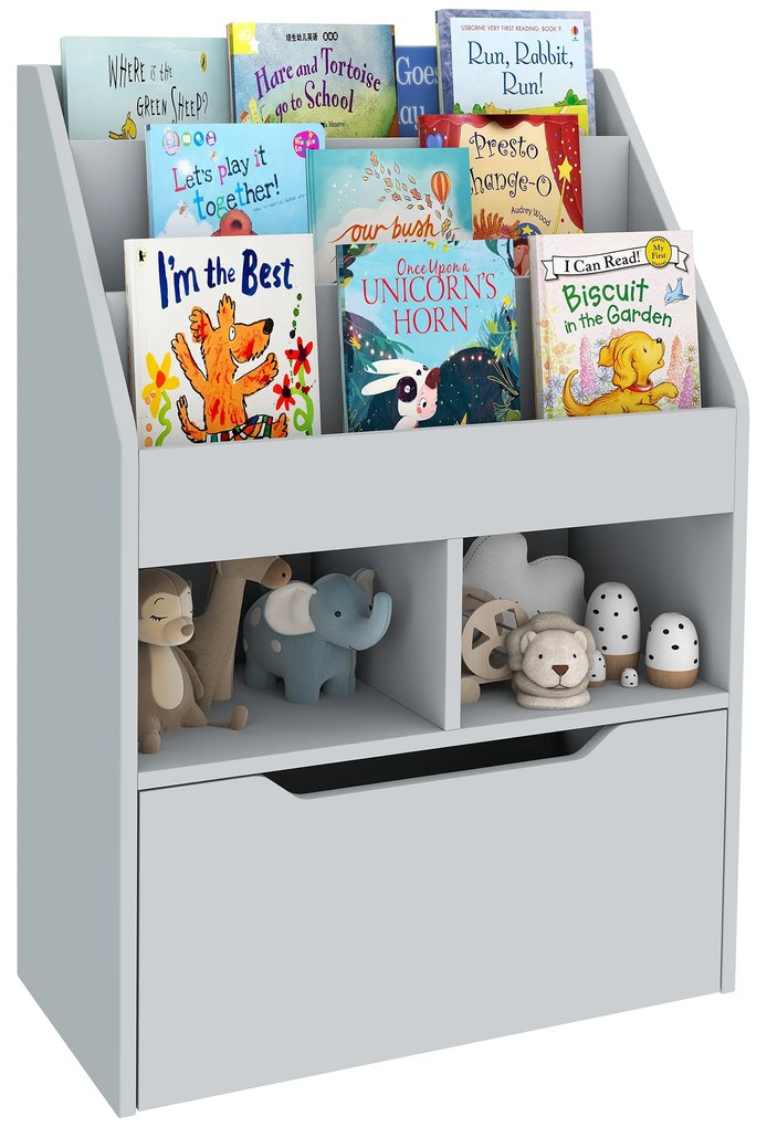 HOMCOM Bibliotecă etajeră Multi-Depozitare 3 rafturi 2 nișe Sertar mare din lemn Gri | Aosom Romania