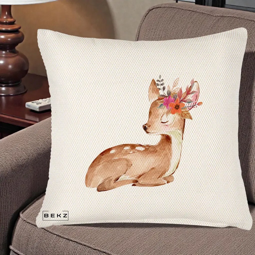 Perna Decorativa Caprioara cu Flori in Coama, 40x40 cm, Crem Reliefat, Husa Detasabila, Perna Inclusa, BEKZ®