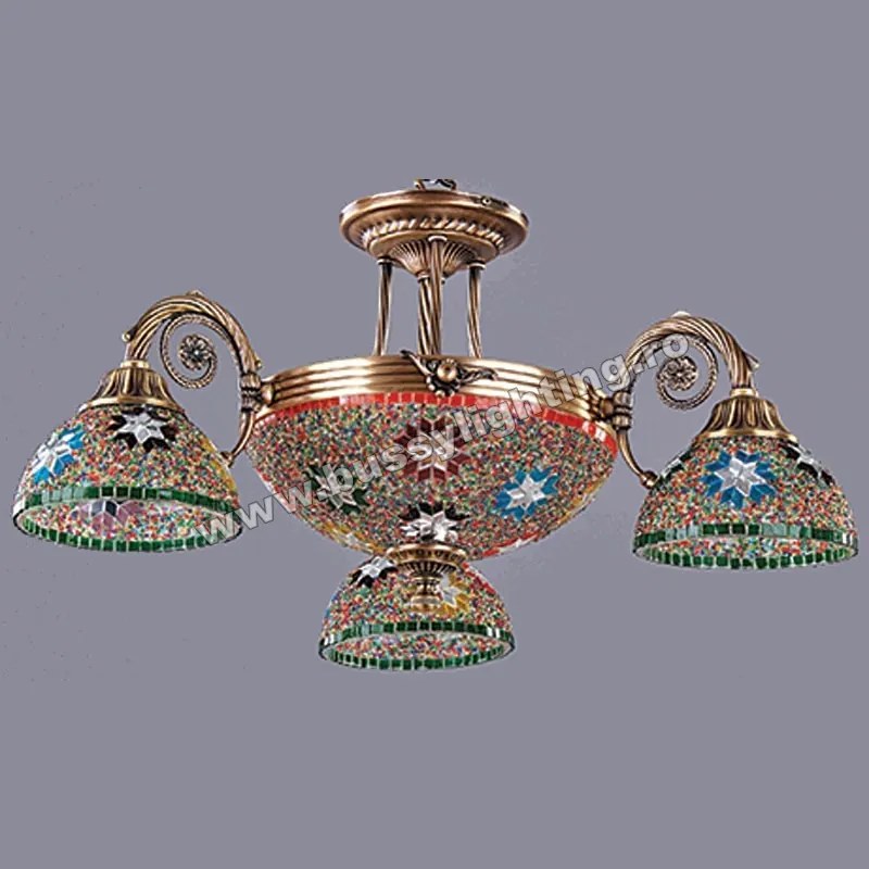 Lustra Dakar cu 3 Brate, Desing Clasic, Finisaj Bronz Antichizat, Abajur Mozaic - Bussy Lighting 3087-52-03M