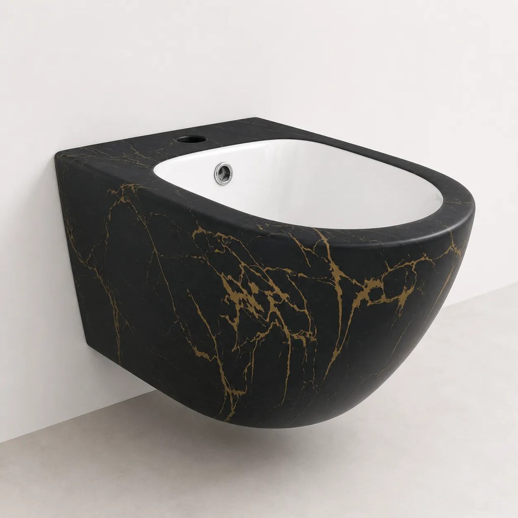 Vas Bideu Suspendat Negru Mat cu Model Marmorat Auriu, Ceramica Sanitara, Montaj pe Perete