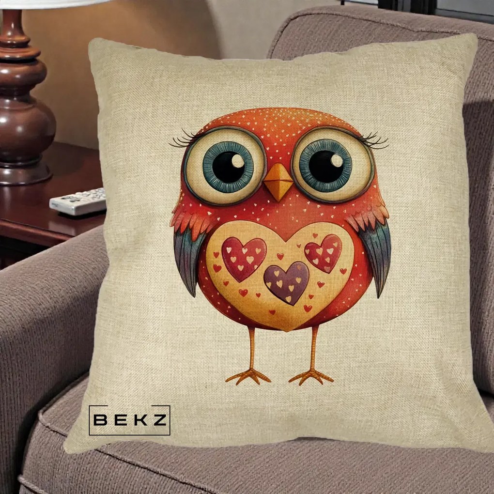 Perna Decorativa Bufnita Rosie cu Inimi Aurii, 40x40 cm, Crem, Husa Detasabila, Perna Inclusa, BEKZ®