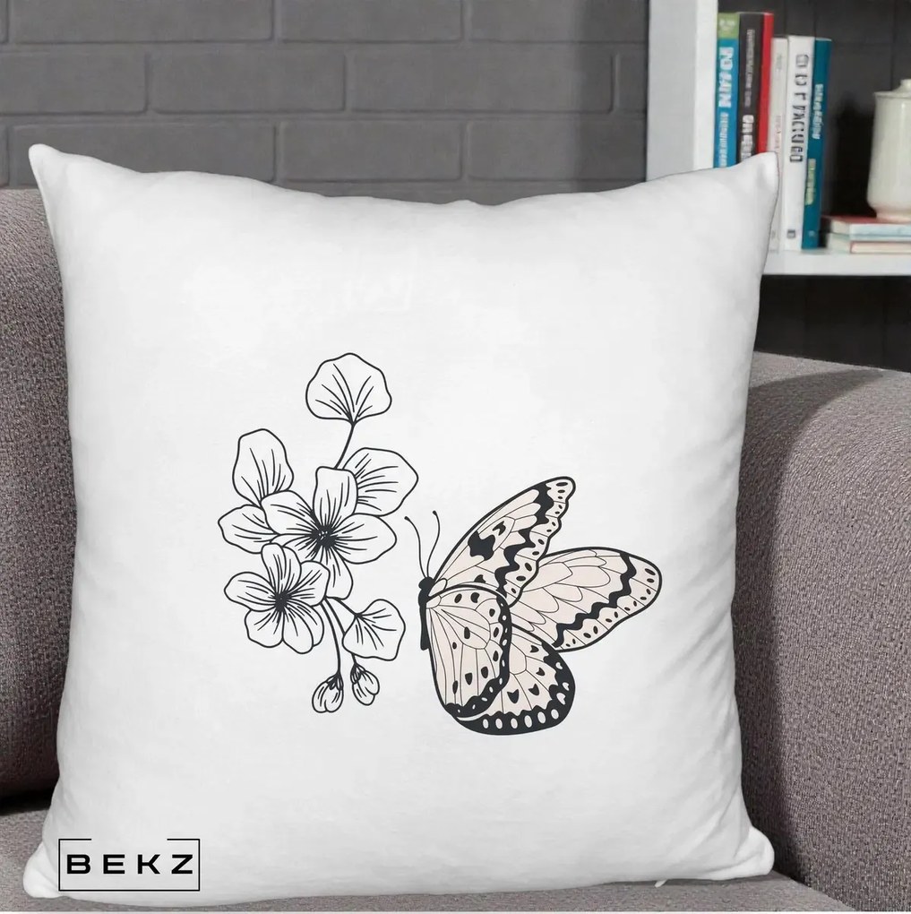 Perna Decorativa Fluture si Flori Linie Monocroma, 40x40 cm, Alb Pufos, Husa Detasabila, Perna Inclusa, BEKZ®