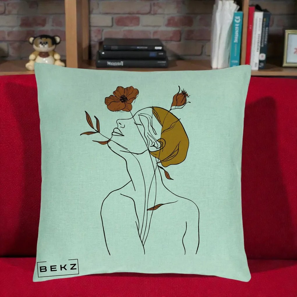 Perna Decorativa Portret Feminin Mac Privire Inalta, 40x40 cm, Verde Menta, Husa Detasabila, Perna Inclusa, BEKZ®