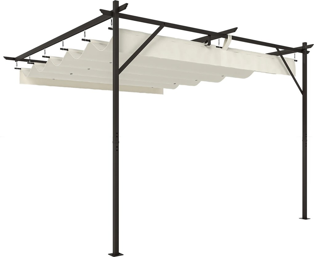 Outsunny Pergolă Adosată 3x3 m cu Acoperiș Retractabil, Orificii de Drenaj, Pergolă de Grădină din Poliester și Oțel, pentru Terasă, Exterior, UV30+, Alb Crem | Aosom Romania