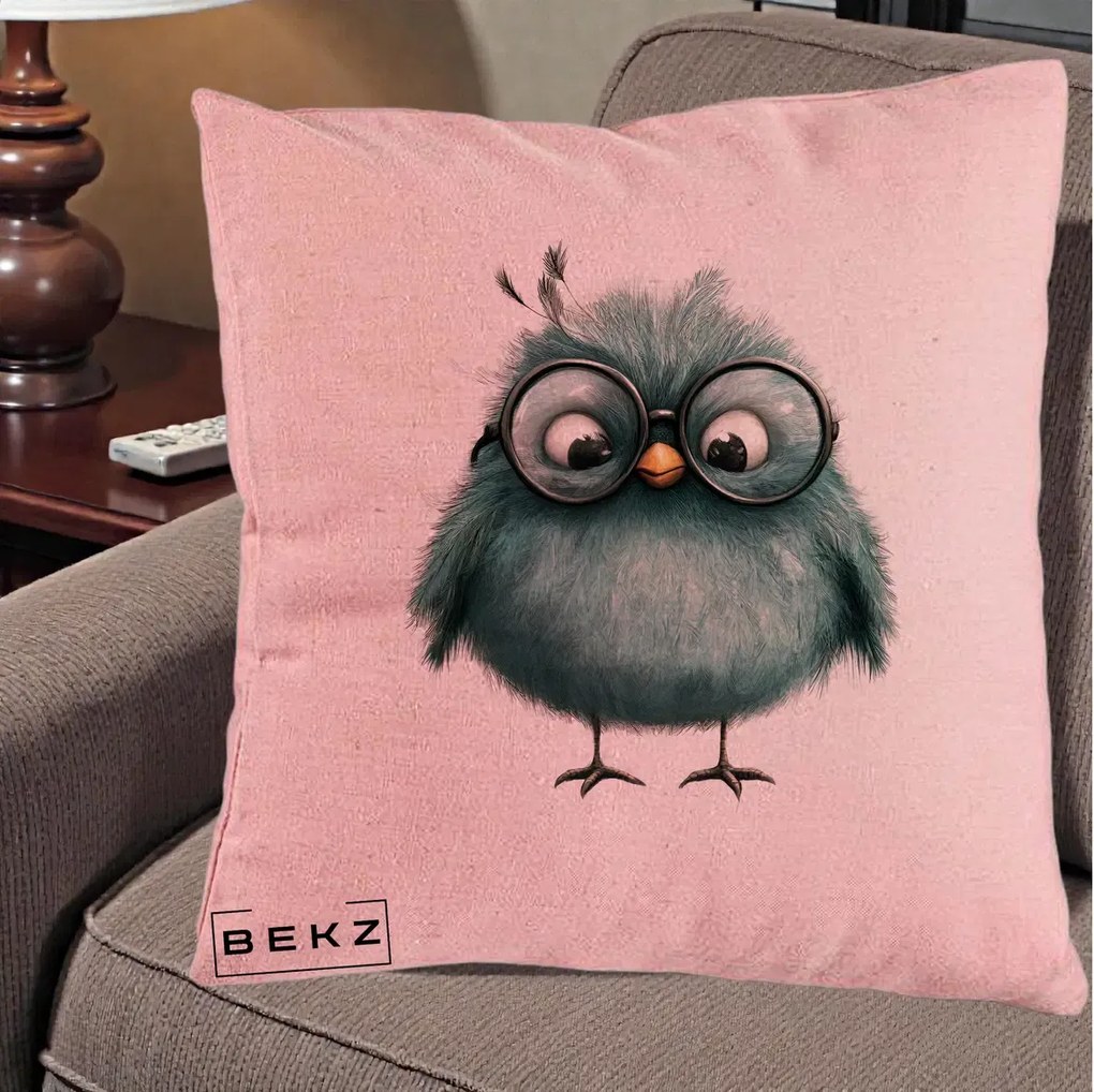 Perna Decorativa Pui Teal cu Ochelari Rotunzi, 40x40 cm, Roz, Husa Detasabila, Perna Inclusa, BEKZ®