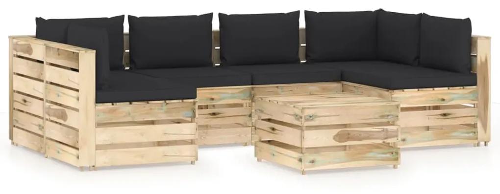 Set mobilier de gradina cu perne, 7 piese, lemn verde tratat negru si maro, 7