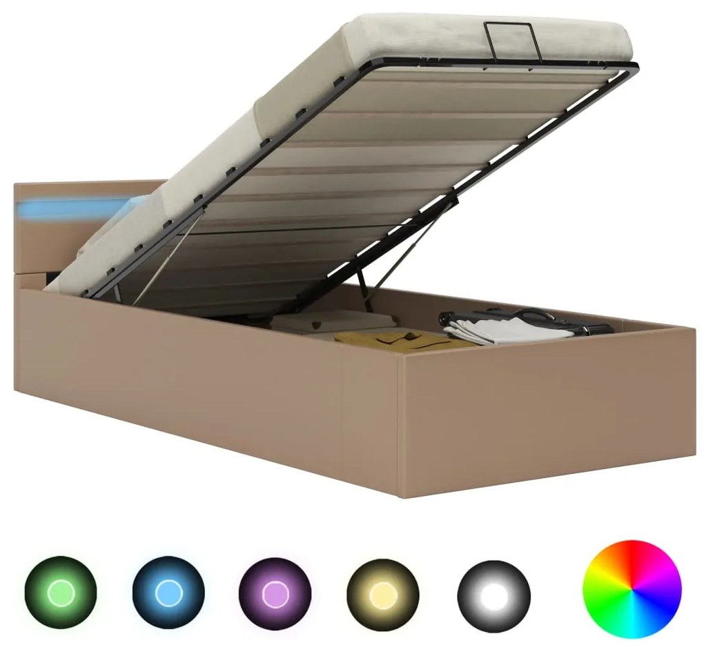 285559 vidaXL Cadru pat hidraulic LED cappuccino 100x200 cm piele ecologică