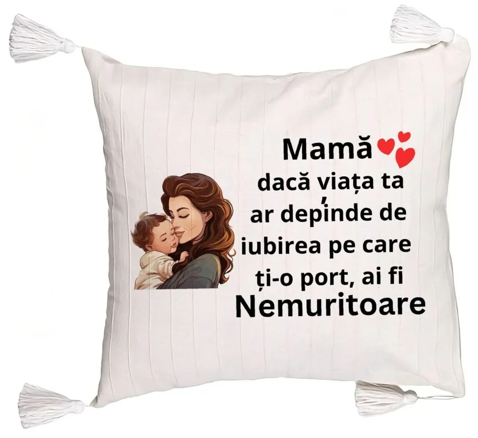 Perna Decorativa cu Franjuri, Model pentru Mama 8, 45x45 cm, Ecru, Cu fermoar