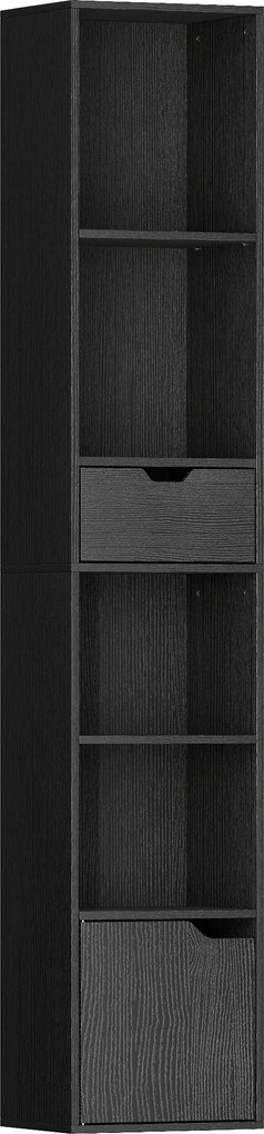 HOMCOM Bibliotecă cu 4 Rafturi Deschise, Dulap și Sertar, 30x24x158 cm, Negru | Aosom Romania