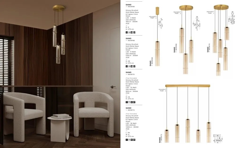 Pendul LED modern, Metal, Sticla, Cognac, SANO