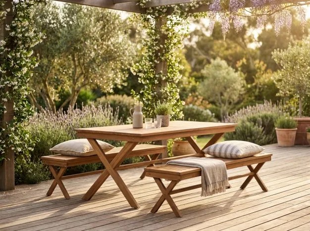 Set dining exterior din lemn masiv de tec, masă și 2 bănci, finisaj natural, „Marino”