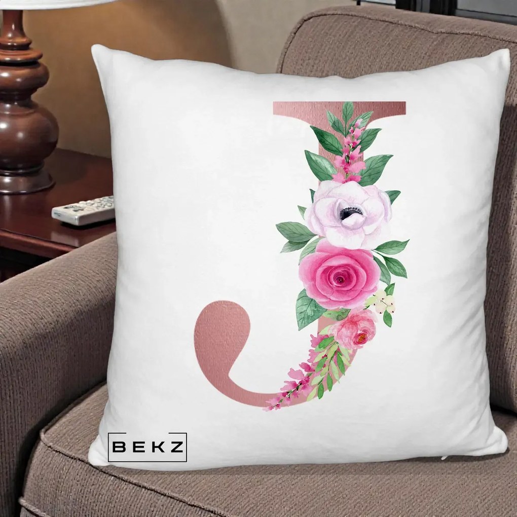 Cadou Personalizat - Perna Personalizata Monograma Rose Gold Litera J, 40x40 cm, Alb Pufos, Husa Detasabila, Perna Inclusa, BEKZ®