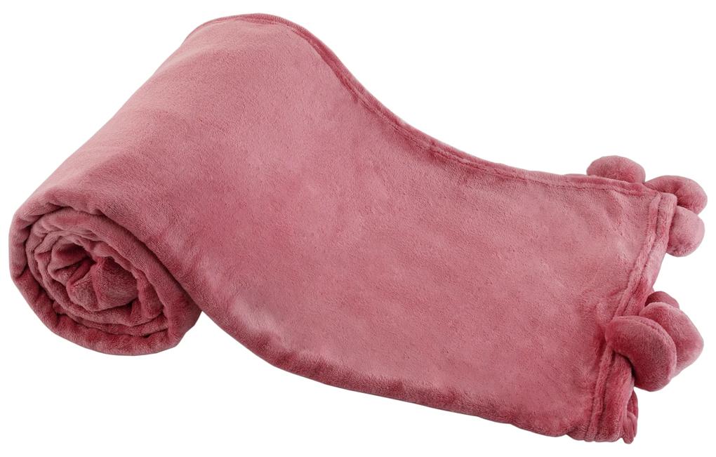 TEMPO-KONDELA ASTANA, pătură de pluş cu pompoane, roz, 150x200 cm