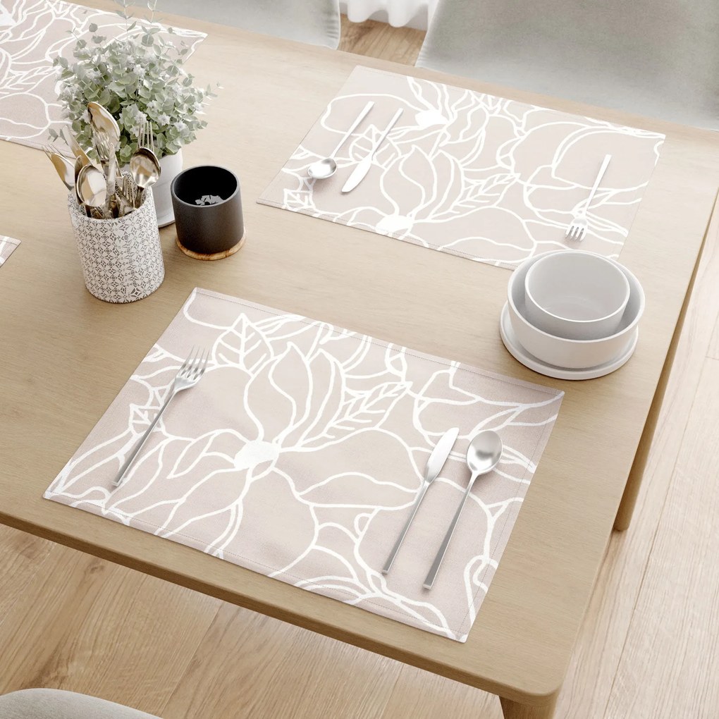 Goldea suporturi farfurii 100% bumbac - flori albe pe bej deschis - 2 buc 30 x 40 cm