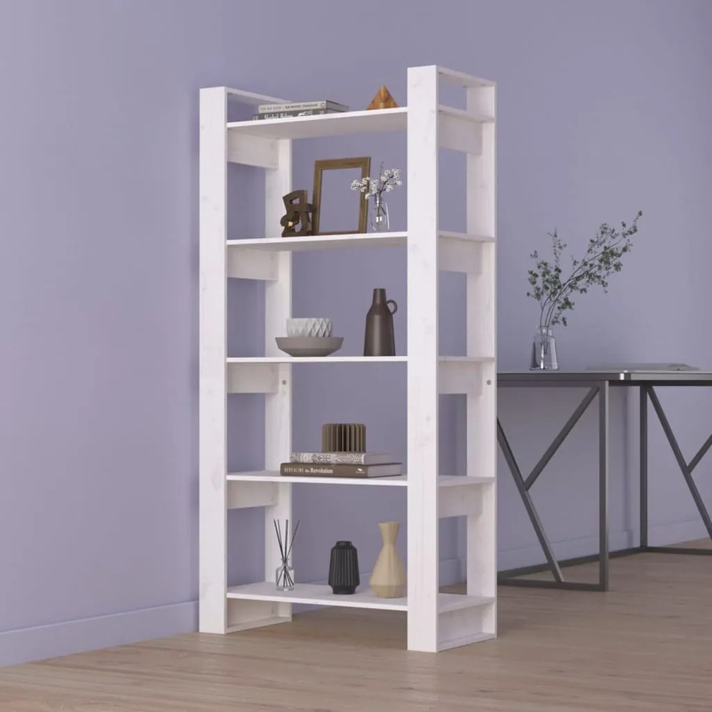 Bibliotecă/separator cameră, alb, 80x35x160 cm, lemn masiv pin