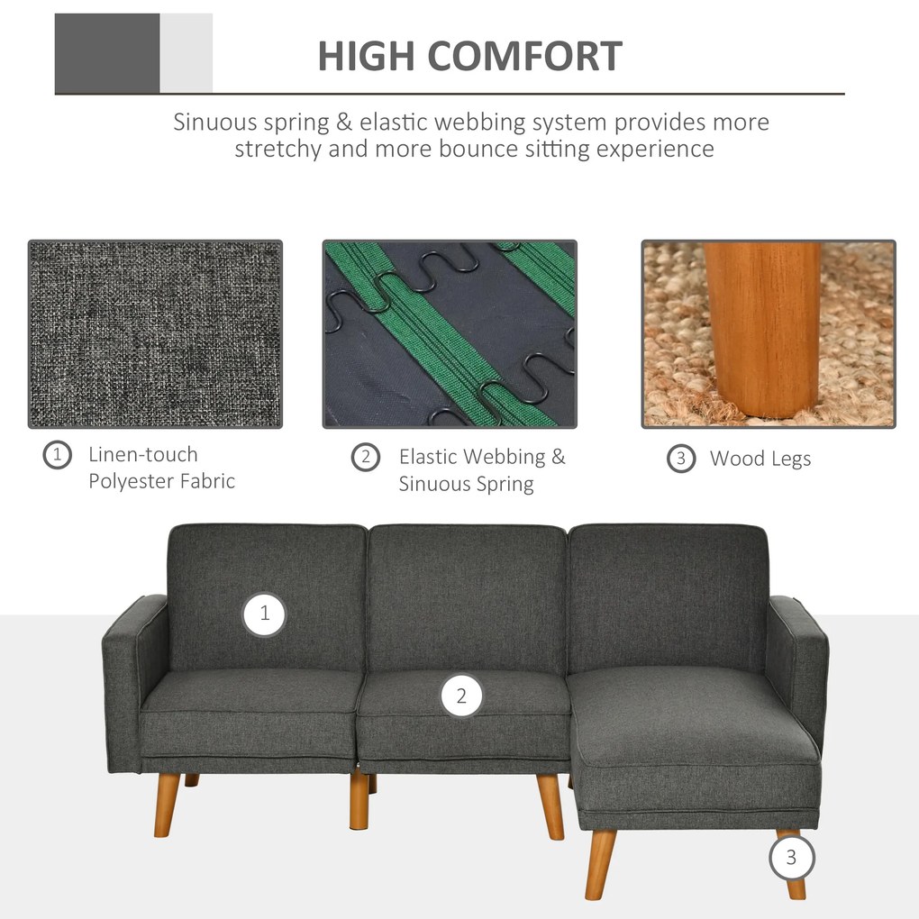 HOMCOM Canapea Extensibila din Tesatura Gri, Canapea Coltar cu 3 Locuri cu Scaun Reversibil si Spatar Reglabil