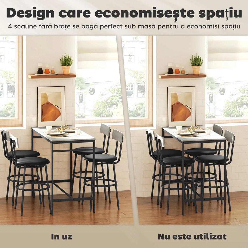 HOMCOM Set cu Masă Înaltă și 4 Scaune de Bar cu Spătar Stil Industrial Gri | Aosom Romania