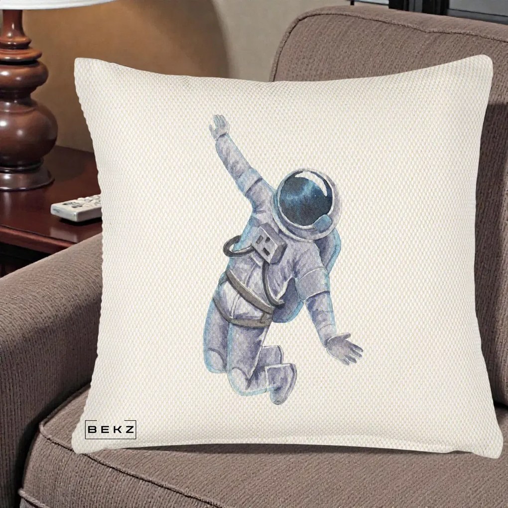 Perna Decorativa Astronaut Acuarela Zbor, 40x40 cm, Crem Reliefat, Husa Detasabila, Perna Inclusa, BEKZ®