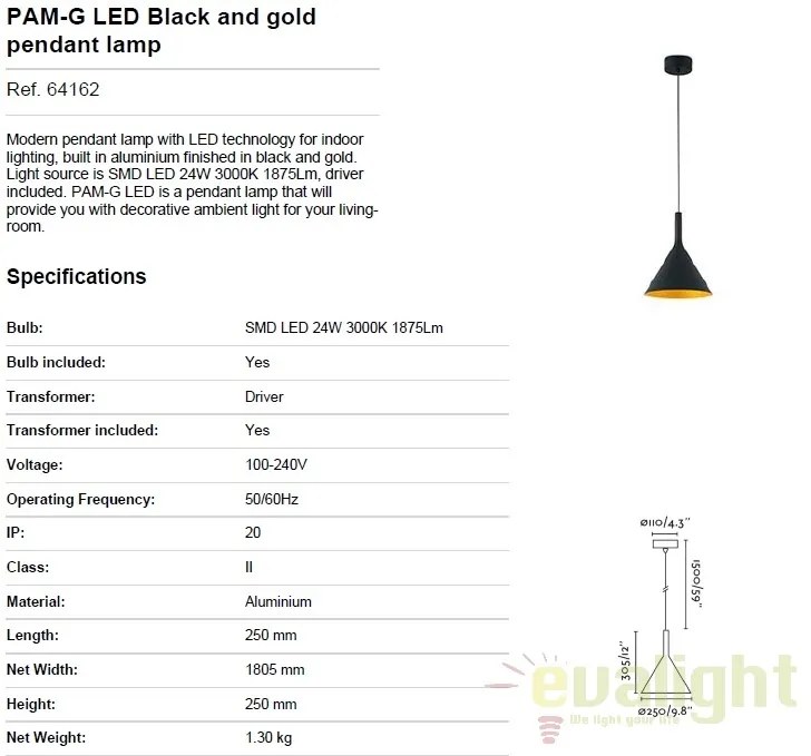 Pendul LED modern PAM-G large negru/auriu 64162