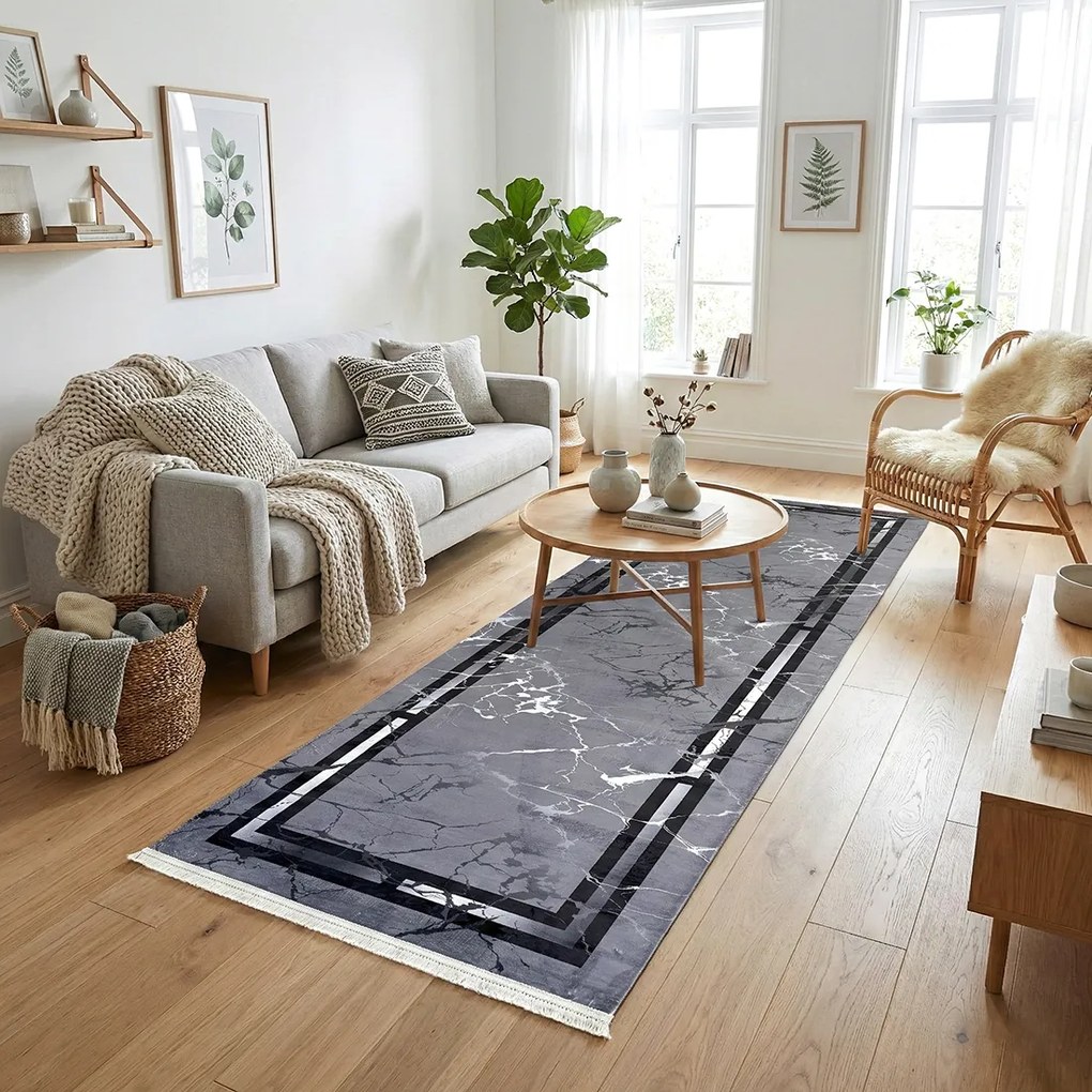 Traversa hol antiderapanta, 80x300 cm, model marmura gri cu chenare negre