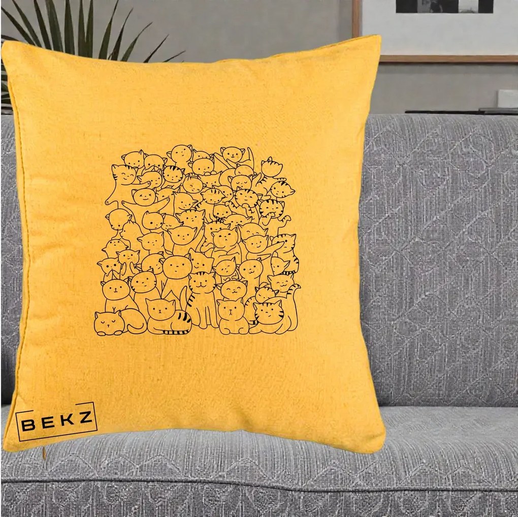 Perna Personalizata Many Cats Pattern Alb-Negru, 40x40 cm, Galben, Husa Detasabila, Perna Inclusa, BEKZ®