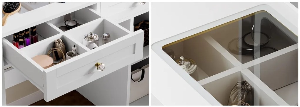 SEA498 - Set Masa toaleta 90 cm, cosmetica machiaj, oglinda cu LED, masuta vanity cu Priza, USB si Suport Uscator par - Alb