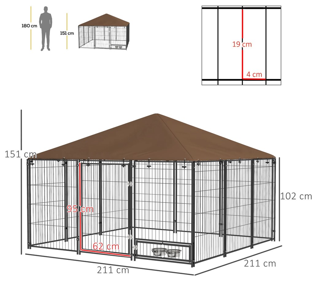 PawHut Gard pentru Câini din Metal cu Ușă pentru Bol, Gard pentru Câini pentru Exterior cu Acoperiș, 211x211x151 cm, Negru | Aosom Romania